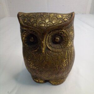 Vintage Brass Owl Coin Bank Ornate Details 4.5" Tall